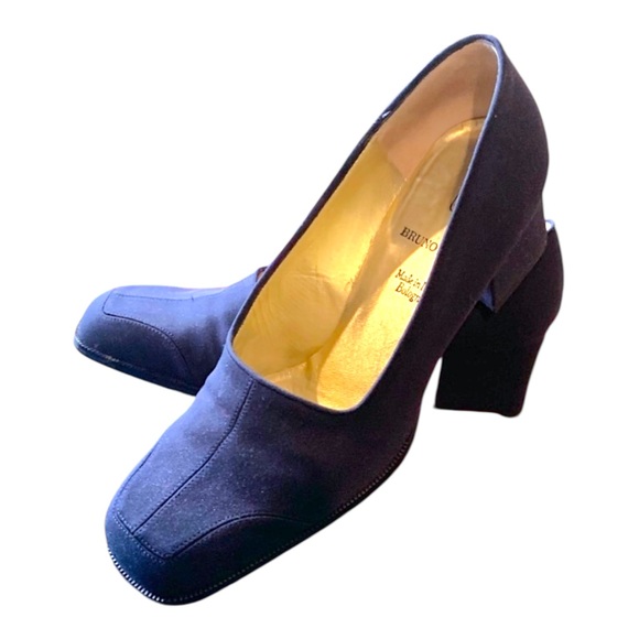 Vintage 90s BRUNO MAGLI Navy Square Toe Chunky Block Heels & Shoe Dust Bag - 7 B - Picture 5 of 16